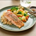 Plate of healthy food including salmon